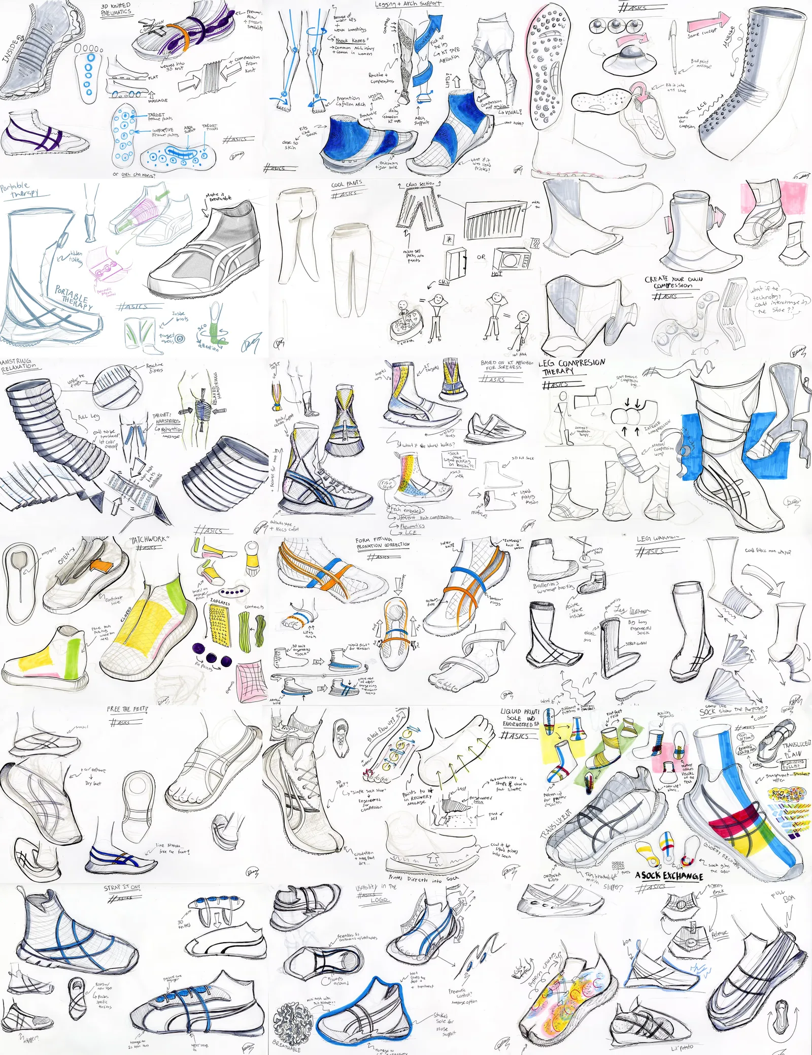 A large board of all the sketches done by Rosela for the final shoe